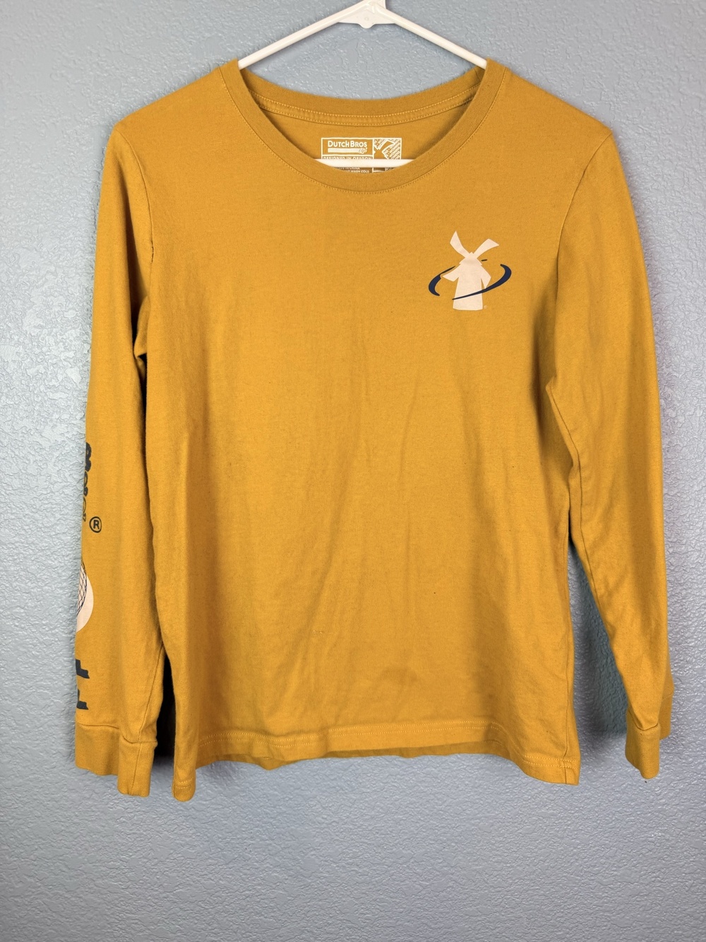 Dutch Bros Coffee Shirt Womens Medium Yellow World Graphic Long Sleeve Tee Top